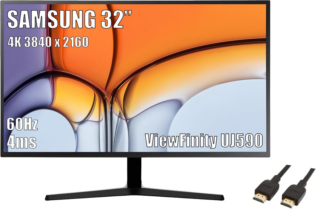 SAMSUNG 32-Inch ViewFinity UJ590 UHD Monitor, 4K (3840x2160) Display, 60Hz, 4ms, HDMI/Display Port, AMD FreeSync, Eye Saver/Flicker Free Mode, Dark Gray/Blue, with MTC HDMI Cable