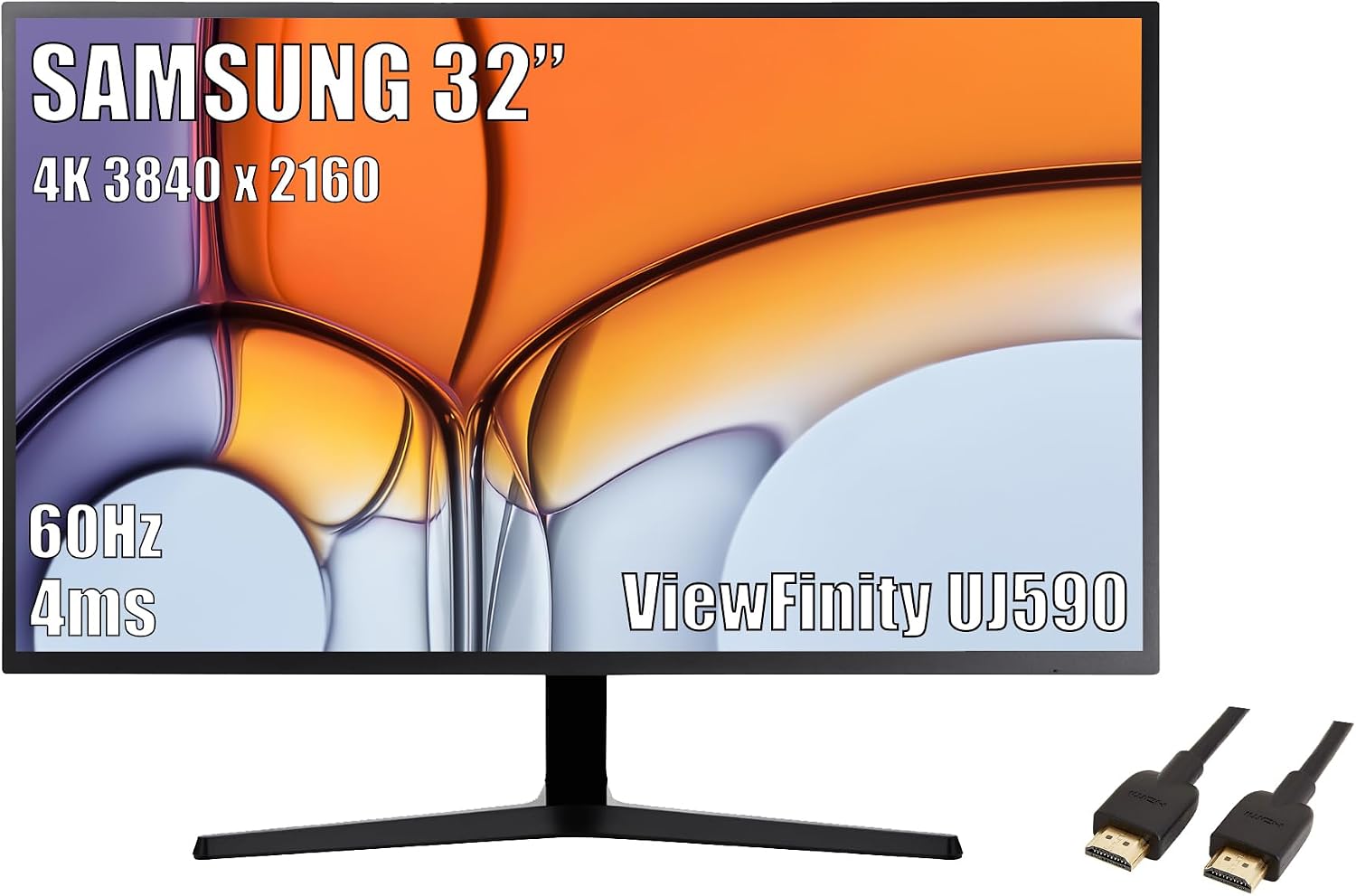 SAMSUNG 32-Inch ViewFinity UJ590 UHD Monitor, 4K (3840x2160) Display, 60Hz, 4ms, HDMI/Display Port, AMD FreeSync, Eye Saver/Flicker Free Mode, Dark Gray/Blue, with MTC HDMI Cable
