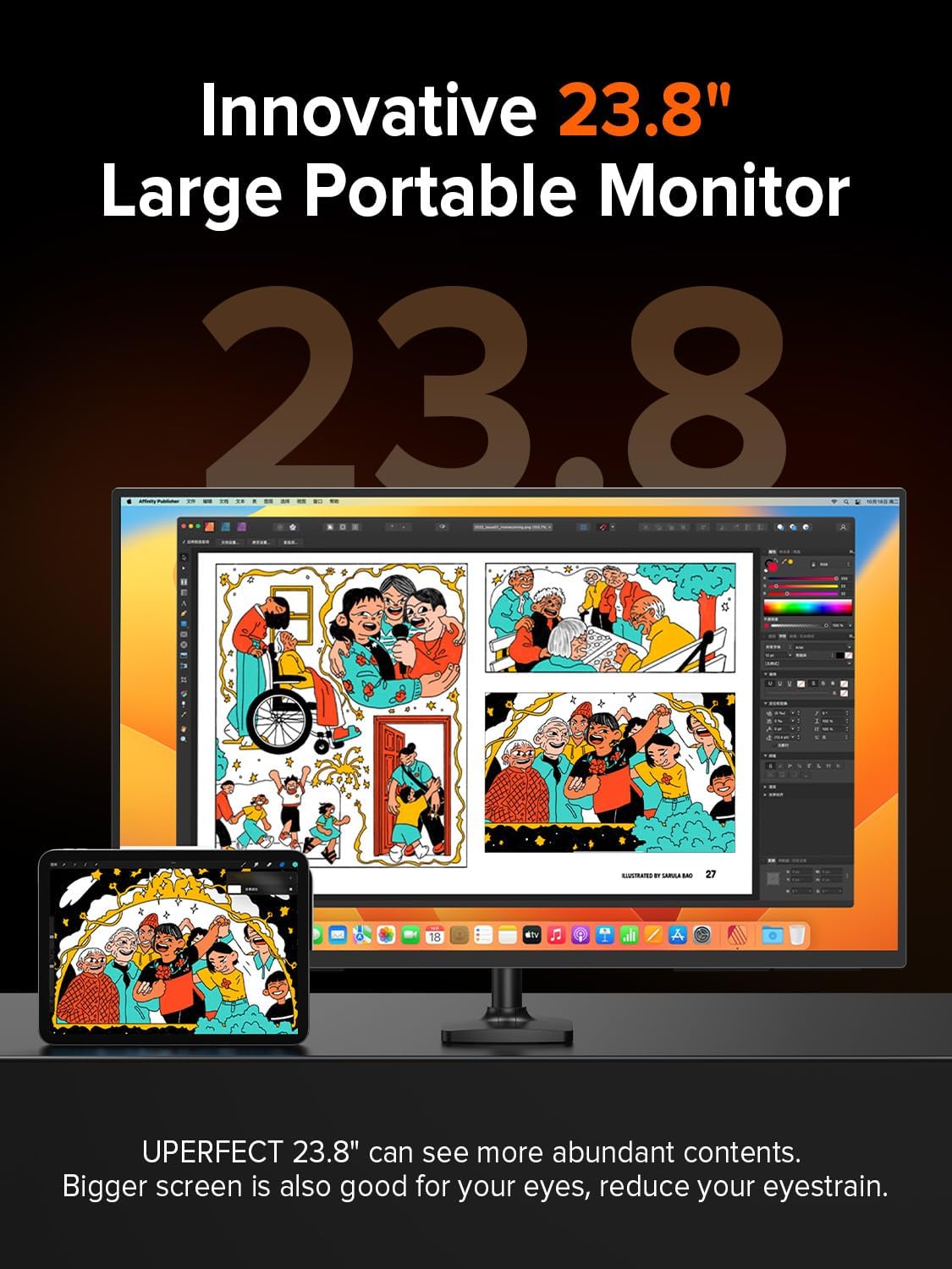 UPERFECT QLED 24' 144Hz Portable Monitor 1080P 145% sRGB 450Nits w/Stand & VESA, HDMI USB-C FHD Travel Monitor for Laptop/Gaming Devices/Phone/Mini PC, External Second Screen for Gaming & Work