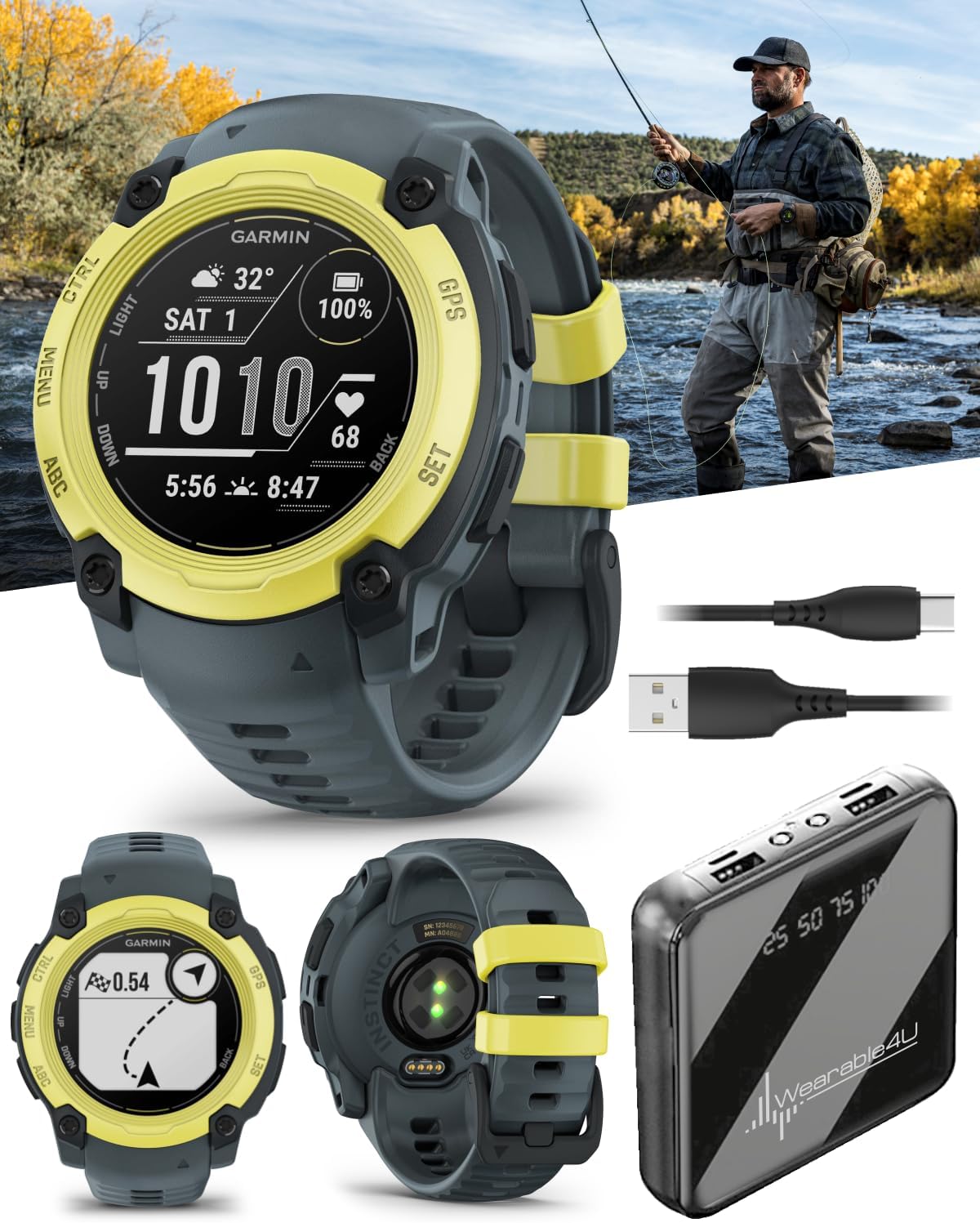 Garmin Instinct E 40 mm, Rugged Outdoor GPS Smartwatch, 24/7 Health Monitoring, Wrist-Based Heart Rate, Up to 14 Days of Battery Life, Electric Lime with Twilight Band Bundle