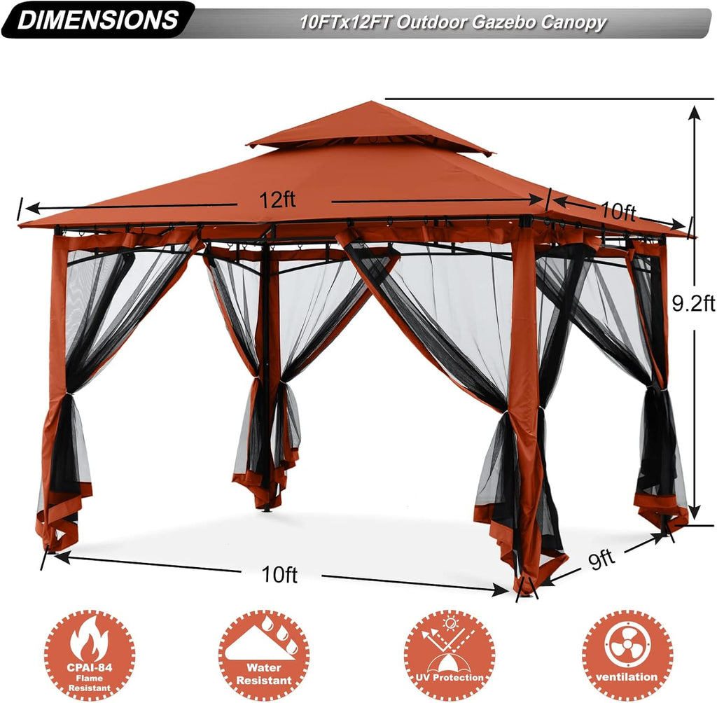 ABCCANOPY Gazebos for Patios 10x12 - Outdoor Steel Frame Gazebo with Mosquito Netting for Lawn Backyard Garden Deck (Rust Red)