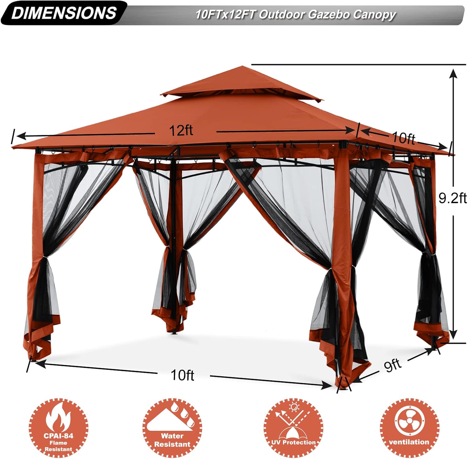 ABCCANOPY Gazebos for Patios 10x12 - Outdoor Steel Frame Gazebo with Mosquito Netting for Lawn Backyard Garden Deck (Rust Red)