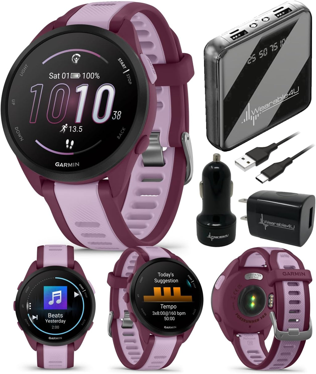Garmin Forerunner 165 Music Running Smartwatch, Colorful AMOLED Touchscreen, Training Metrics and Recovery Insights Includes PowerPack +Adapters Bundle, Berry/Lilac