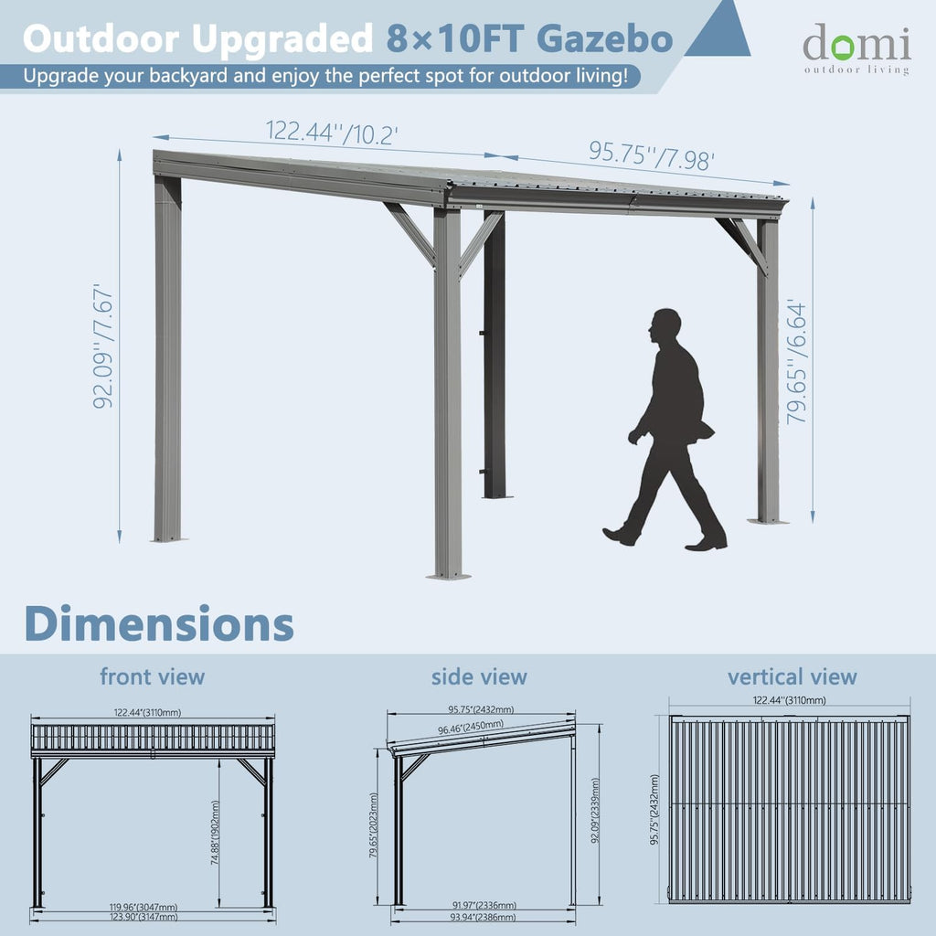 Domi 8'x10' Wall-Mounted Hardtop Gazebo Pergola – Permanent Lean-to Outdoor Shelter with Sloped Galvanized Steel Roof & Upgraded Drainage – Grey Metal Patio Cover for Backyard, Deck, Garden