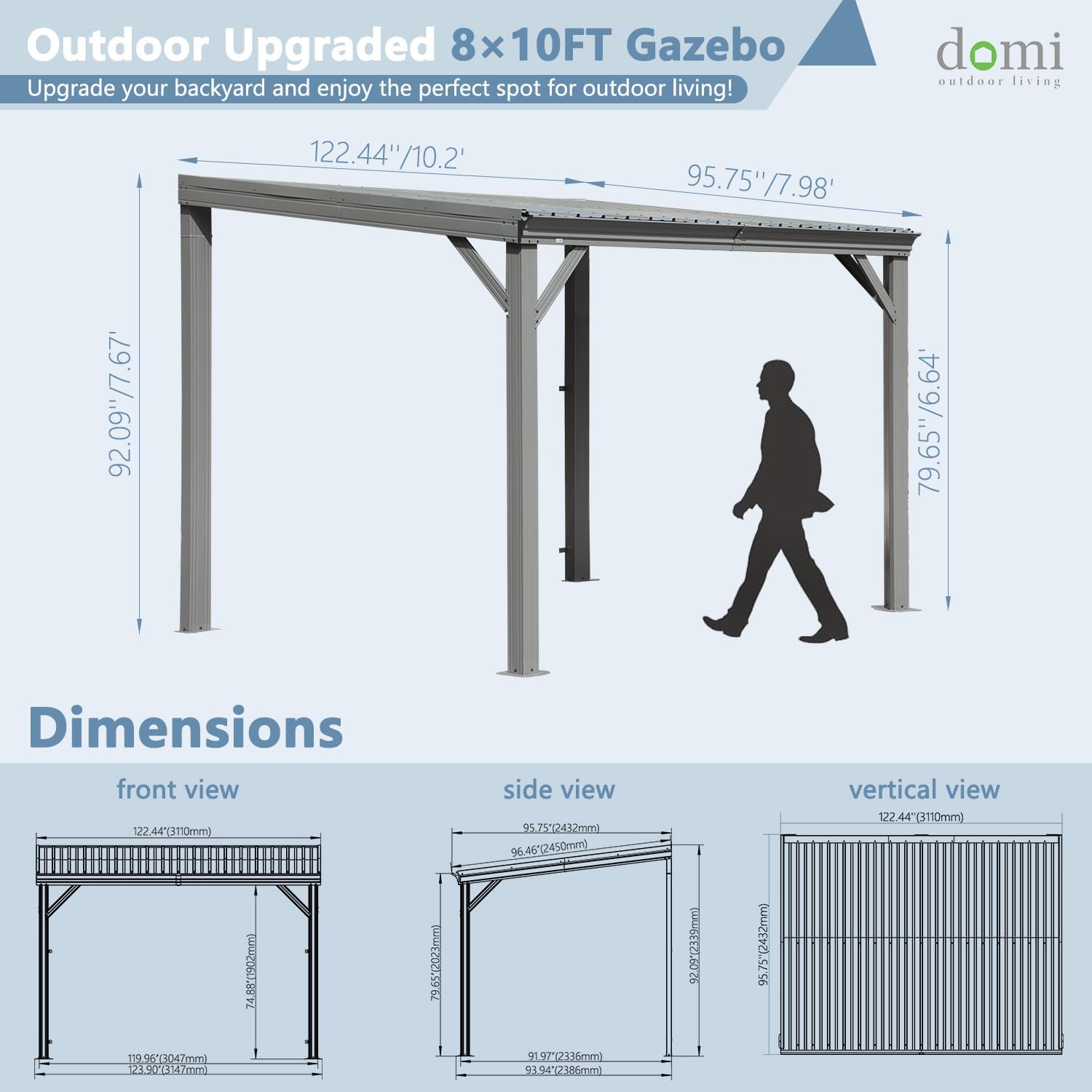 Domi 8'x10' Wall-Mounted Hardtop Gazebo Pergola – Permanent Lean-to Outdoor Shelter with Sloped Galvanized Steel Roof & Upgraded Drainage – Grey Metal Patio Cover for Backyard, Deck, Garden