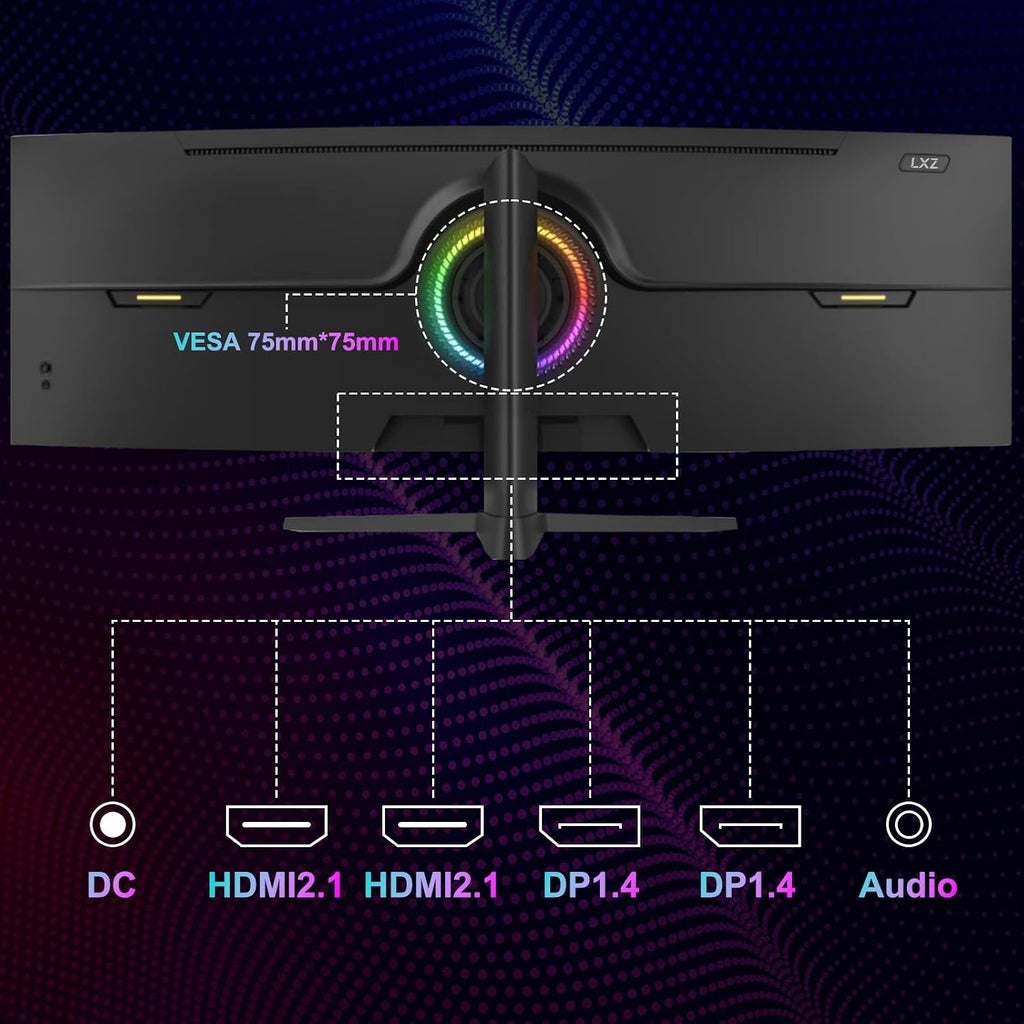 LXZ 49.5' Curved Gaming Monitor, 5120x1440 DQHD Ultrawide 32:9, 165Hz, 1ms MPRT, AMD FreeSync Premium, Height/Pivot/Swivel Adjustable, HDMI 2.1 & DP 1.4, VESA 75×75mm Mount Compatible