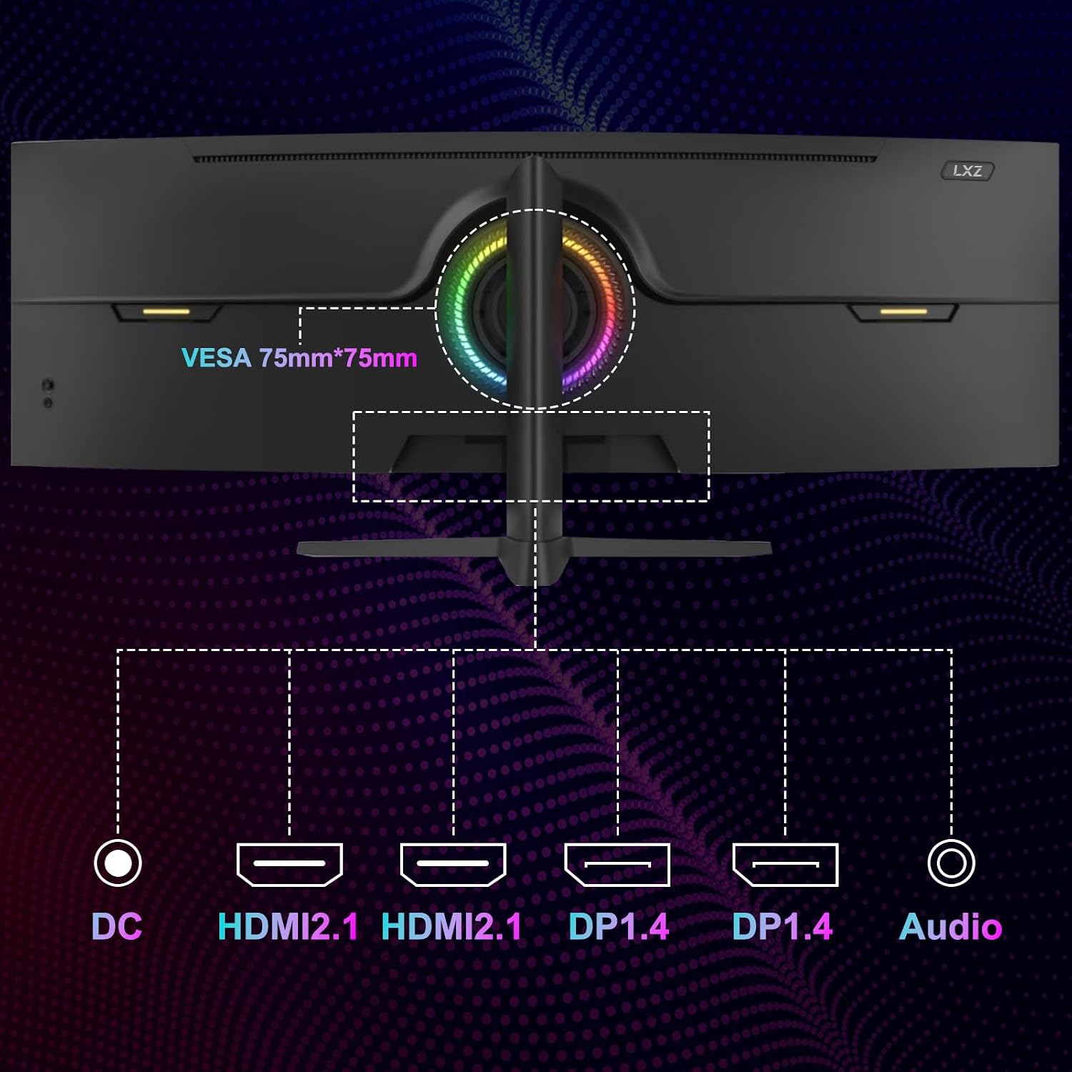 LXZ 49.5' Curved Gaming Monitor, 5120x1440 DQHD Ultrawide 32:9, 165Hz, 1ms MPRT, AMD FreeSync Premium, Height/Pivot/Swivel Adjustable, HDMI 2.1 & DP 1.4, VESA 75×75mm Mount Compatible