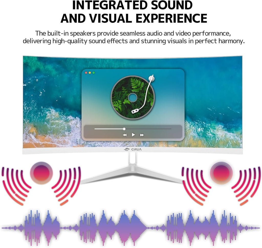 CRUA 34 Inch Ultrawide Curved Monitor, 21:9 UWQHD 3440x1440 100Hz 3800R IPS White Computer Monitors, FreeSync, Built-in Speakers, 120% sRGB, Blue Light Filter, HDMI 2.0 & DP 1.4, Wall Mountable