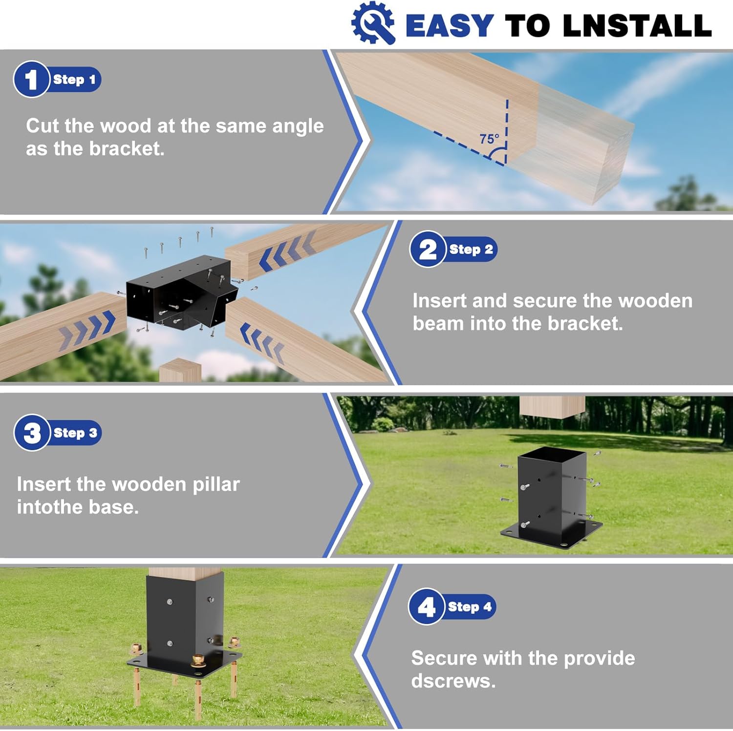Pergola Kit, Slanted Roof Pergola Bracket, 4-Way Brackets with Post Base Kit, Log Cabin Outdoor 4'x 4' (Actual 3.5' X 3.5') Lumber