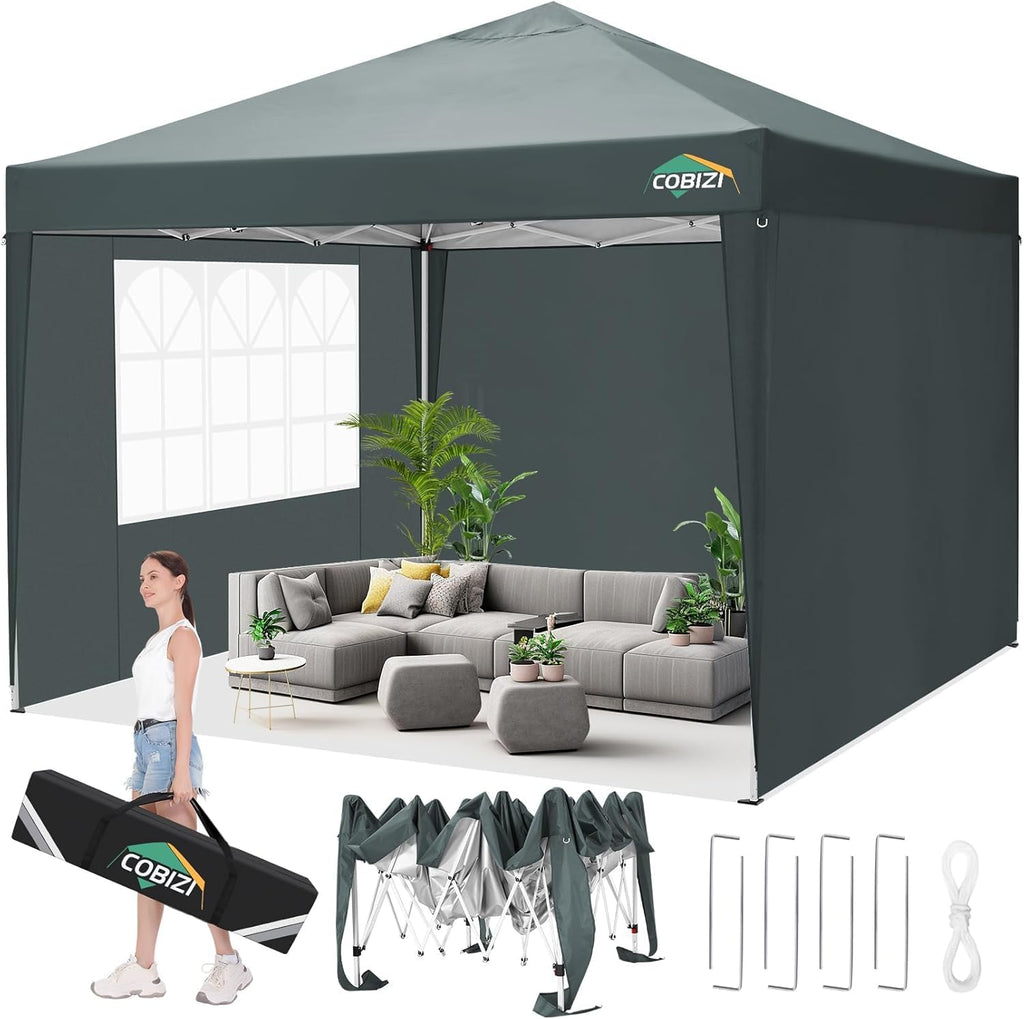 COBIZI 10x10 Pop Up Canopy Tent with 3 Sidewalls Party Tents for Parties Weddings Backyard Waterproof Commercial Instant Outdoor Events Tent with Stakes, Ropes（10 x 10 ft Gray