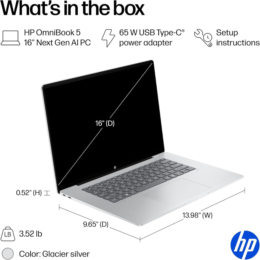 HP OmniBook 5 16 inch Next Gen AI PC, 2K Touchscreen, Snapdragon X Plus X1P-42-100, 16 GB RAM, 512 GB SSD, Qualcomm Adreno GPU, Windows 11 Home, Glacier Silver, 16-fb0000nr