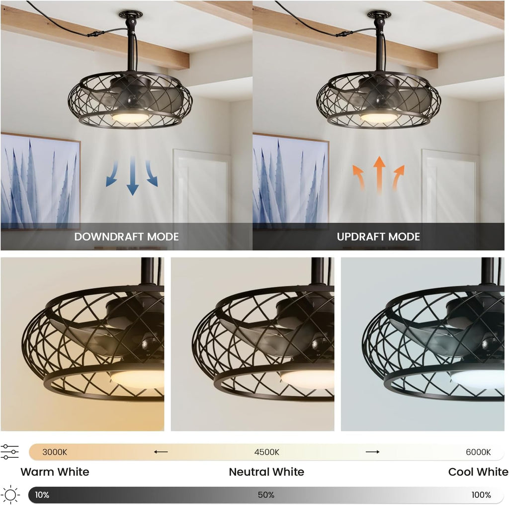 20'' Outdoor Ceiling Fan with Lights Remote Control, Outdoor Ceiling Fans with Hanging Hook, Dimmable Caged Industrial Chandelier with Fan, Fandelier for Gazebo Patio Pergola, Black