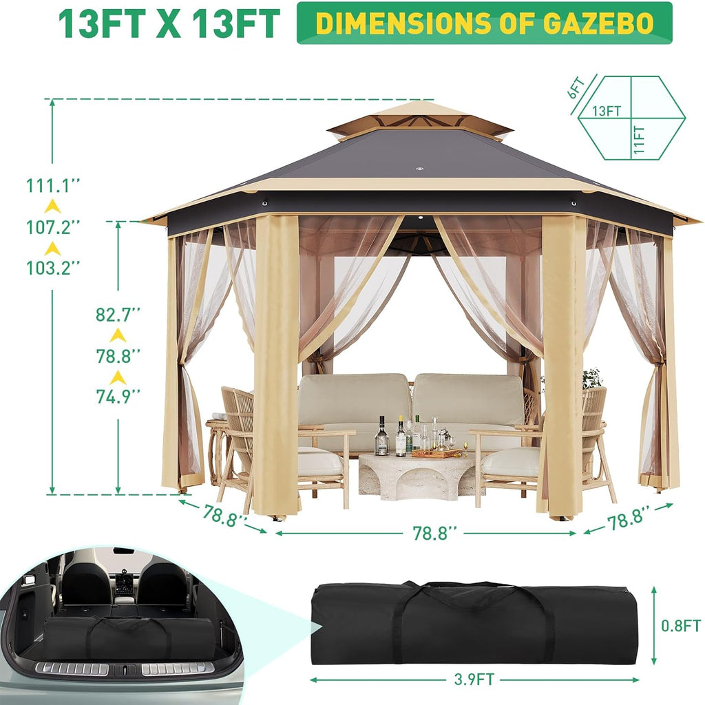 Pop-Up Gazebo 13 * 13 ft 6 Sided, Canopy Tent with Mesh Windows & Portable Carry Bag, Adjustable Tent Outdoor Pergola for Backyard & Patio Furniture (Khaki)