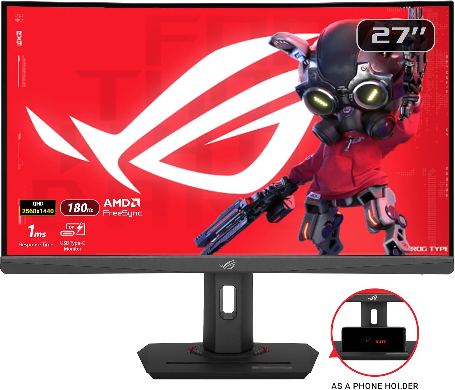 ASUS ROG Strix 27' 1440P HDR400 USB-C Curved Gaming Monitor (XG27WCS) - QHD (2560 x 1440), 180Hz, 1ms, Fast VA, 125% sRGB, DCI-P3 95%, ELMB Sync, FreeSync, DisplayWidget, Tripod Socket, 3yr Warranty