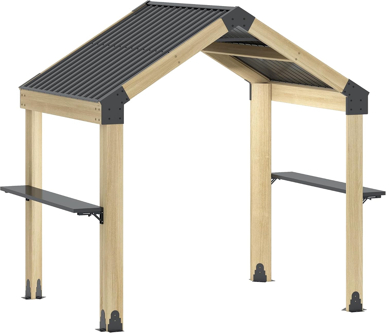 GARTOO 7.7'x5.7' Outdoor Grill Wood Gazebo - Hardtop Gazebo with 2 Side Shelves and Galvanized Steel Roof, Patio Wooden BBQ Pergola for Garden, Porch and Backyard