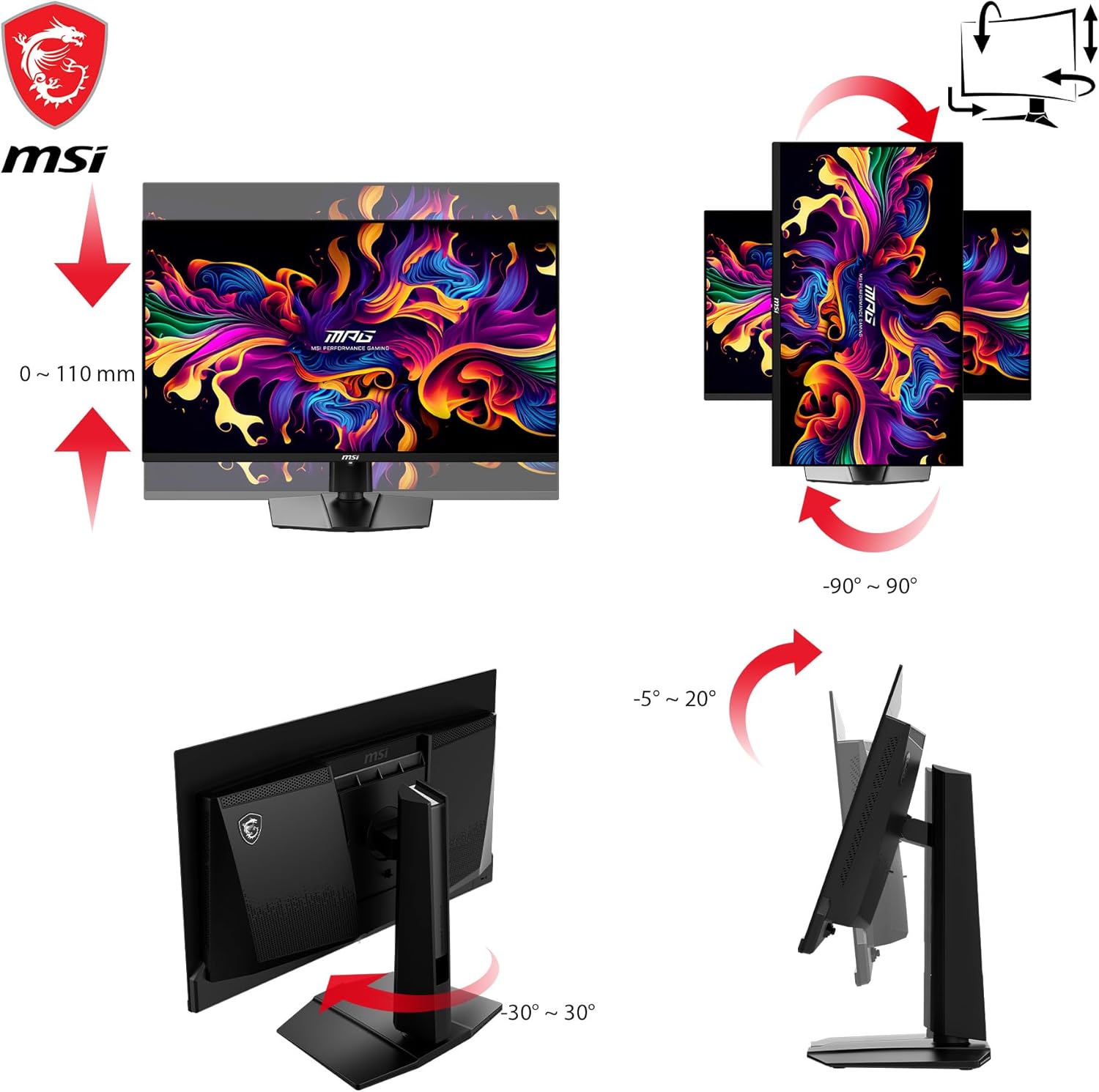 msi MAG 271QPX QD-OLED, 27 OLED Gaming Monitor, 2560 x 1440 (QHD), 0.03ms Response time, 360Hz, True Black HDR 400, HDMI, DP Port, USB Type C, Tilt, Height, Black