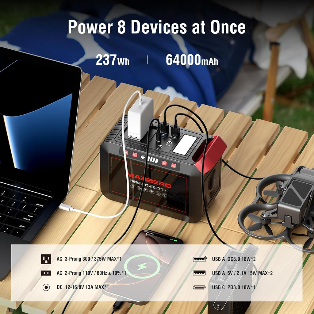 MARBERO 237Wh Solar Generator with Solar Panel Included Portable Power Station 300W Pure Sine Wave with Foldable Solar Panel 60W Set for Camping Outdoor Hiking Fishing Emergency