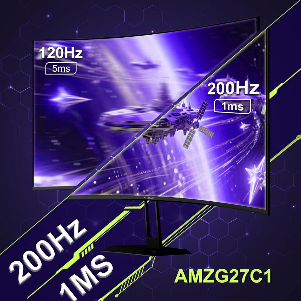 Amzfast 27 inch 200Hz Curved Gaming Monitor, FHD 1080p with Built-in Speakers, FreeSync, MPRT 1ms, 130% sRGB, 3000:1, 1500R, VESA Mount, HDMI 2.0&DP 1.4, 12 Months Warranty Exchange