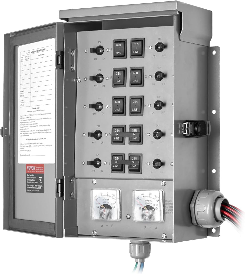 VEVOR Manual Transfer, 30-Amp 10-Circuit, Prewired Generator Transfer Kit with NEMA L14-30P Power Inlet Box, Double-Throw, NEMA 3R, Mechanical Watt Meter, for 7500W Generators