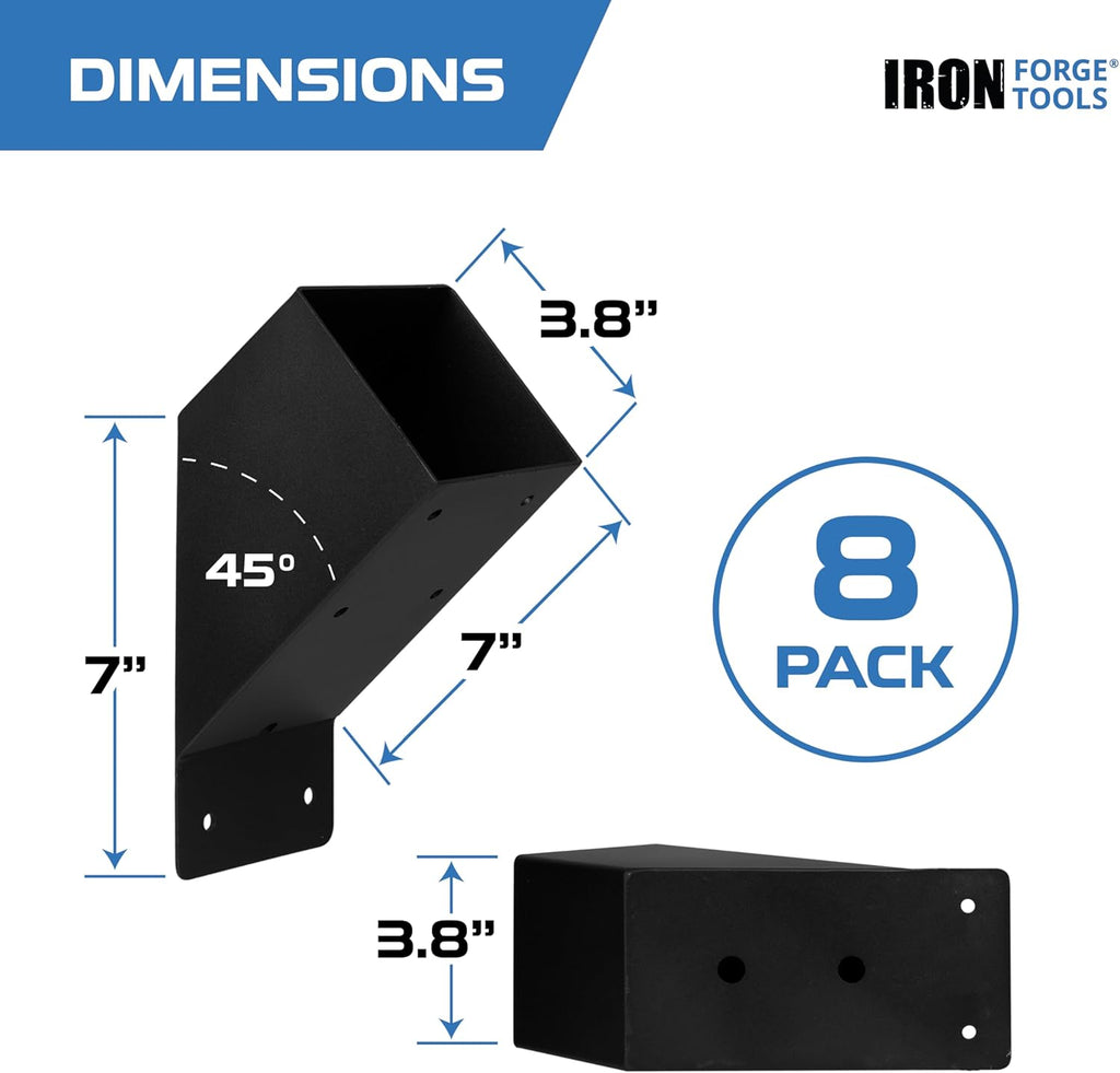 Iron Forge Tools 4x4 Pergola Brackets - 8 Pack Powdercoated Steel Corner Pergola Kit - 45 Degree Angle Bracket Angle Brace for DIY Installation - Hardware Kit and Accessories, Roof Gazebo Kits