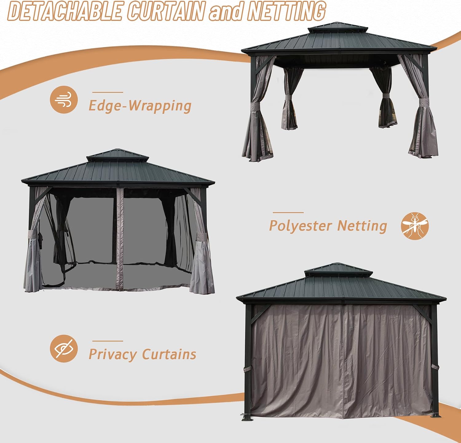 Domi 12' x 12' Hardtop Gazebo Permanent Aluminum Metal Gazebo with Galvanized Steel Double Roof Canopy, Curtains, and Netting for Patio, Backyard, Deck, Lawn