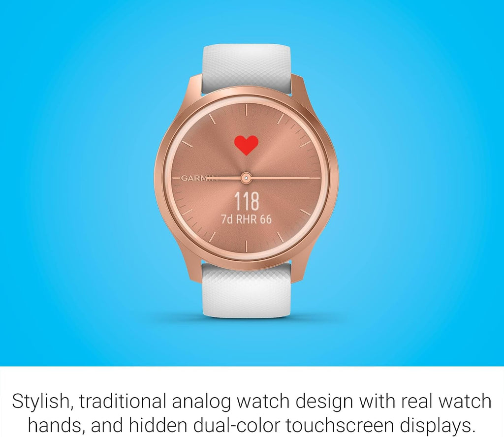 Garmin vivomove Style, Hybrid Smartwatch with Real Watch Hands and Hidden Color Touchscreen Displays, Rose Gold with White Silicone Band (Renewed)