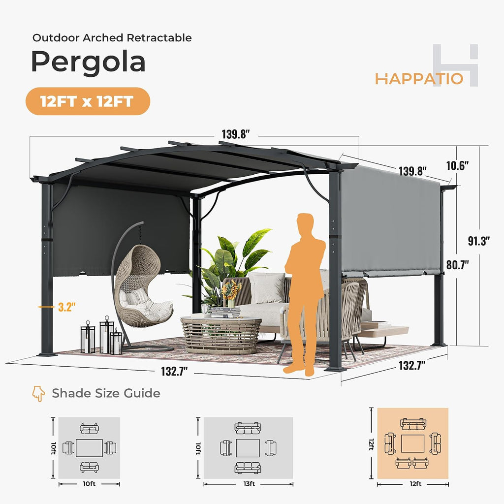 HAPPATIO 12' x12' Outdoor Retractable Pergola, Aluminum Pergola with Canopy Fixed in Various Positions, Arched Roof with Sun Shade Canopy Metal Frame for Backyards, Gardens, Patios (Grey)