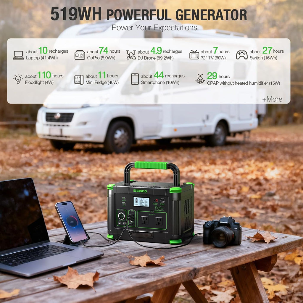 500W Portable Power Station (1000W Peak), 2x 110V AC Outlets & 60W USB-C PD, 10-Output Portable Power Bank with Wireless Charger for Camping, RV Travel, and Home Emergency Power Backup Off-Grid Living