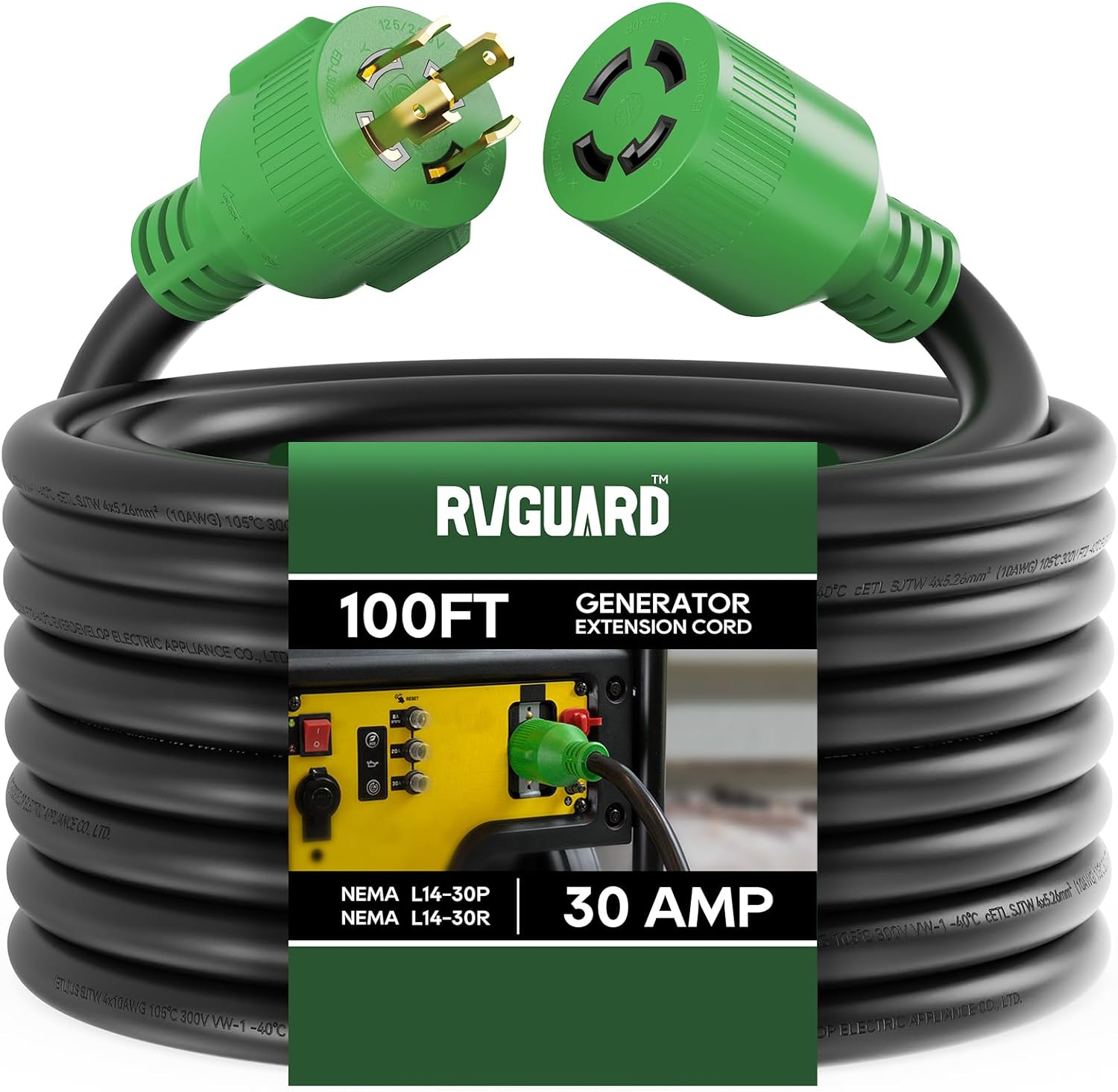 RVGUARD 4 Prong 30 Amp 100 Foot Generator Extension Cord, NEMA L14-30P/L14-30R, 125/250V Up to 7500W 10 Gauge SJTW Generator Cord with Cord Organizer, ETL Listed