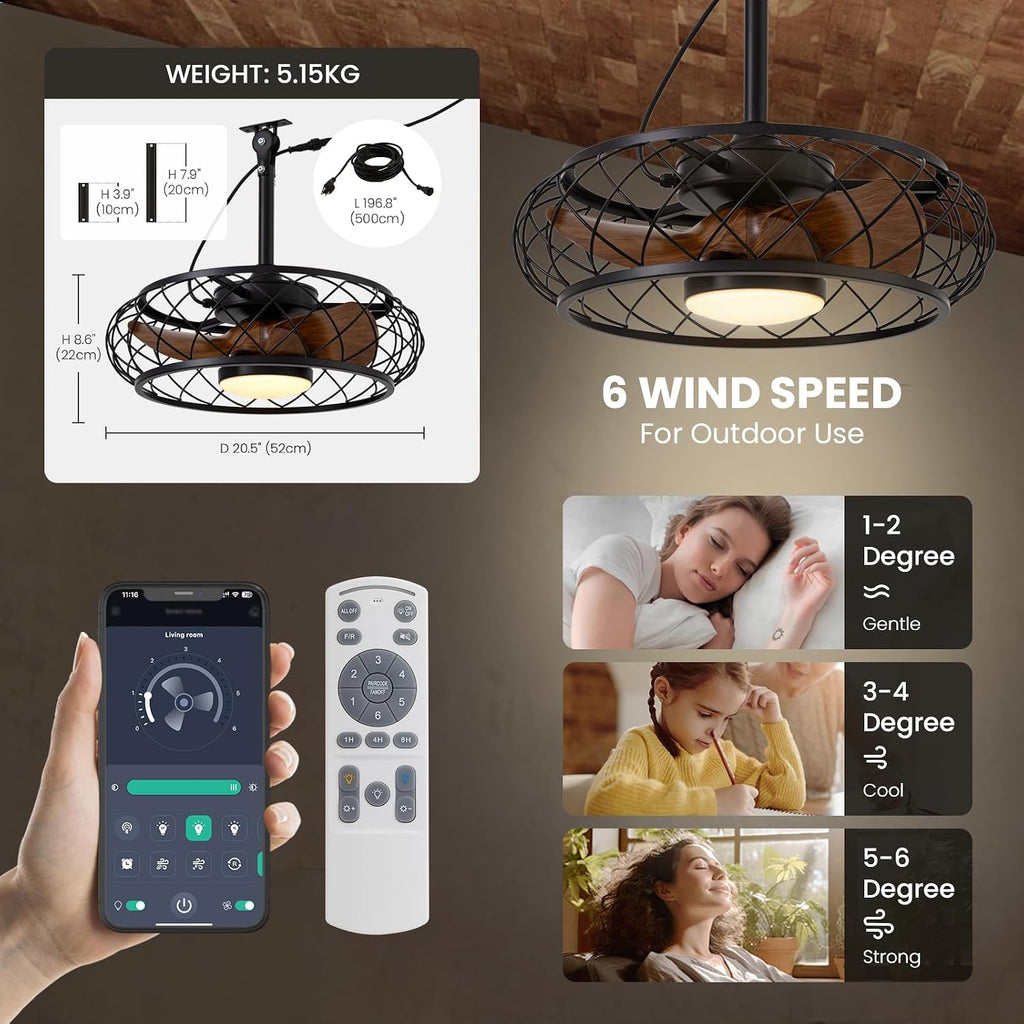 20'' Outdoor Ceiling Fans with Lights, Gazebo Fan Wet Rated Remote&APP Control, Plug in Ceiling Fan for Patios, Pergola, Ceiling Fan with Remote Control, Hanging with Hook,Black