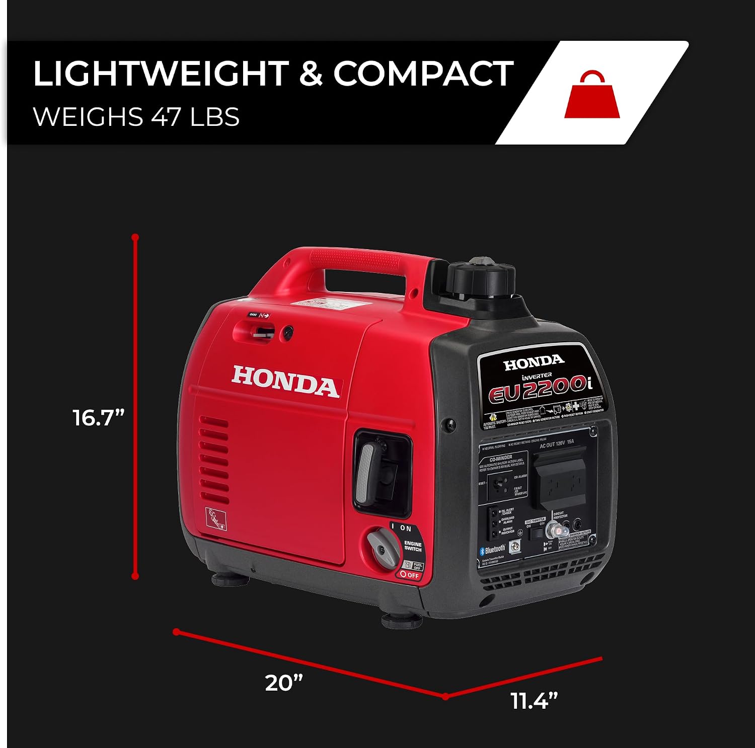 Honda EU2200i 2200 Watt Inverter Generator, Super Quiet 120V Gas Powered Portable Generator for Camping or Home Backup Power Supply, Up to 8.1 Hour Run Time (EU2200ITAN)