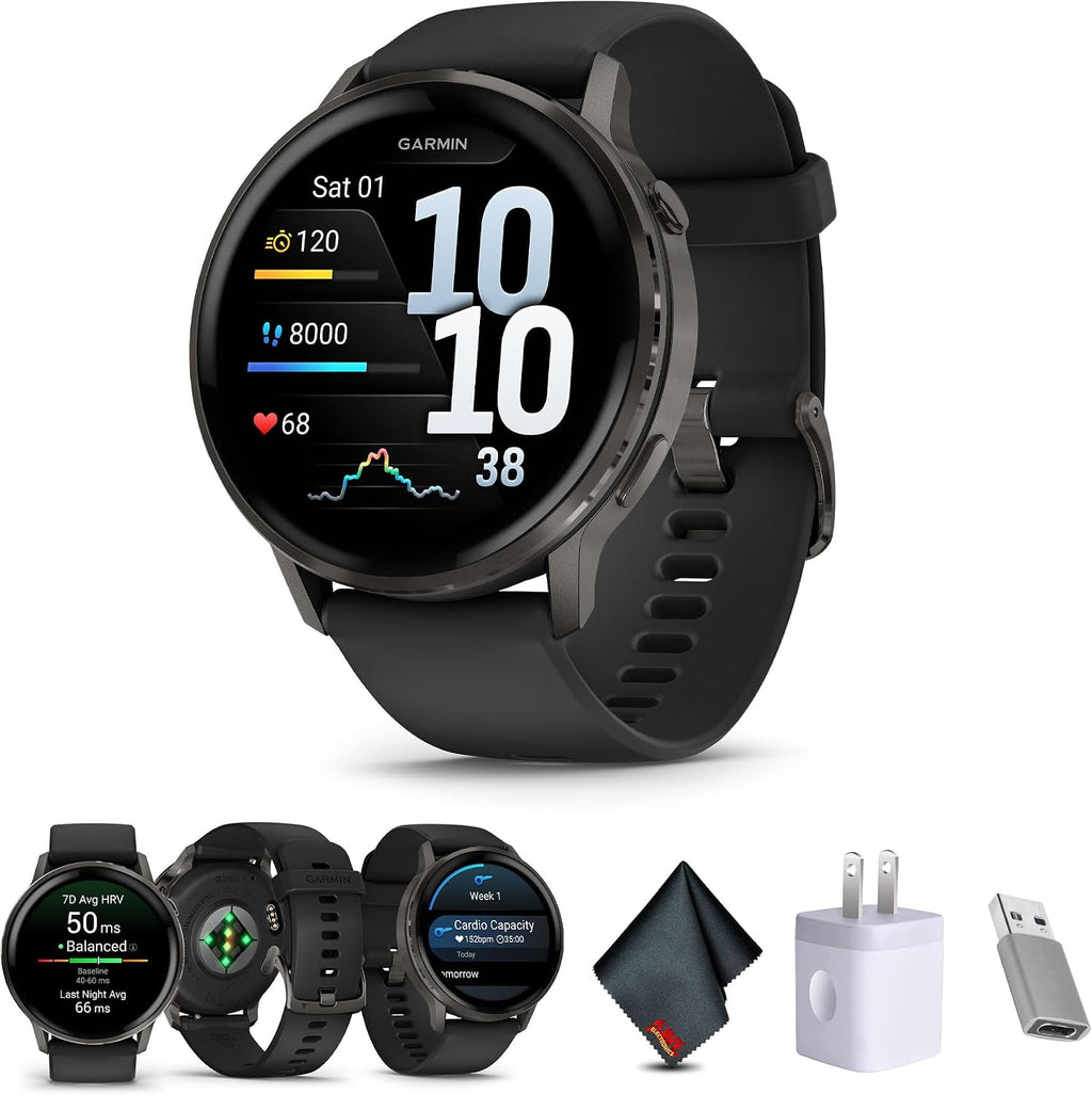 Garmin Venu 4, 45mm, Advanced Fitness Tracker GPS Smartwatch, 1.4' AMOLED Display, Built-in Flashlight, 12 Days of Battery Life, Slate with Black Silicone Band (Watch Bundle)