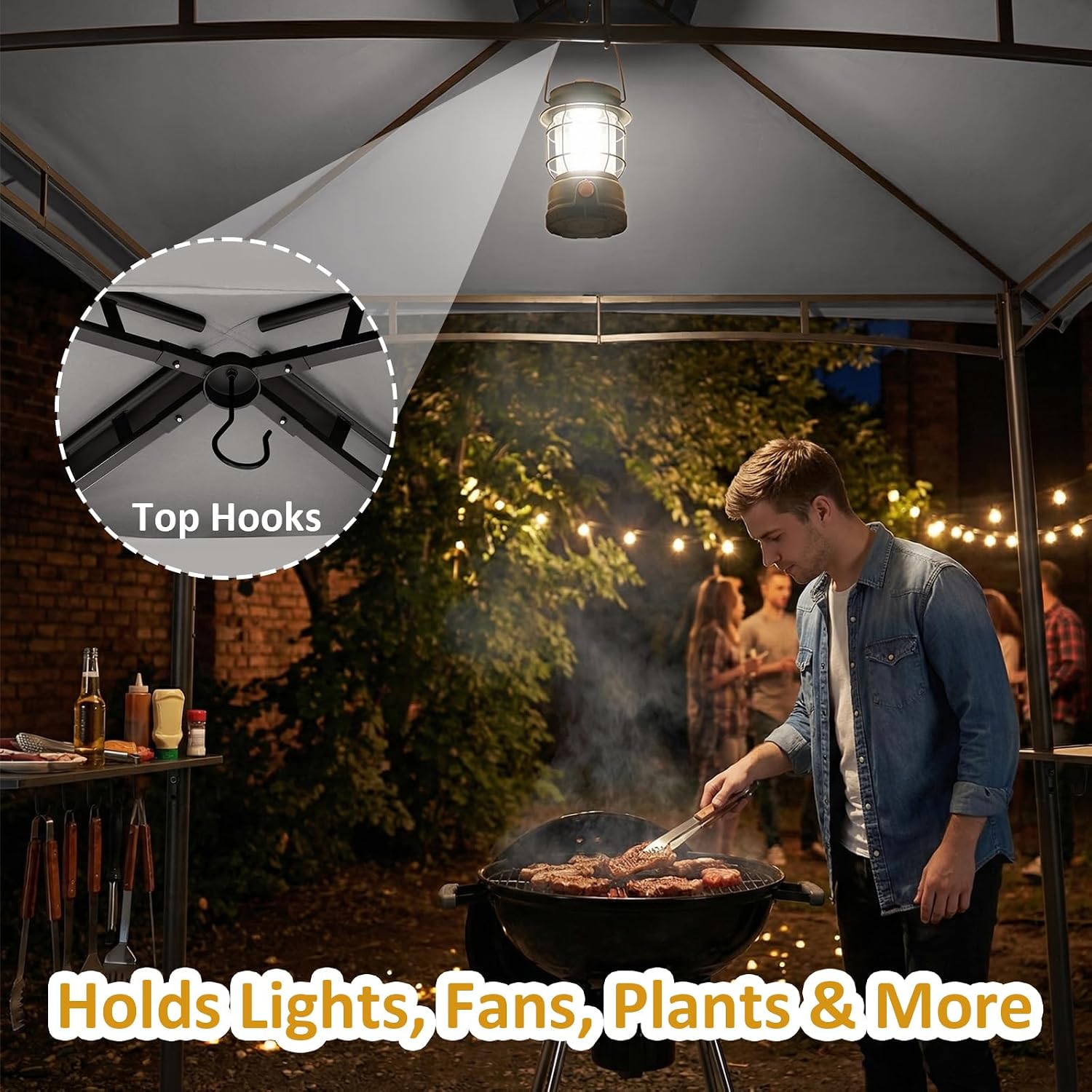 CHARMELEON 8x8 FT Grill Gazebo, Grill Canopy with Big Awning&2 Side Shelves&6 Hooks&Bottle Opener, Powder-Coated Steel BBQ Shelter for Patio Backyard Outdoor Grilling-Light Gray