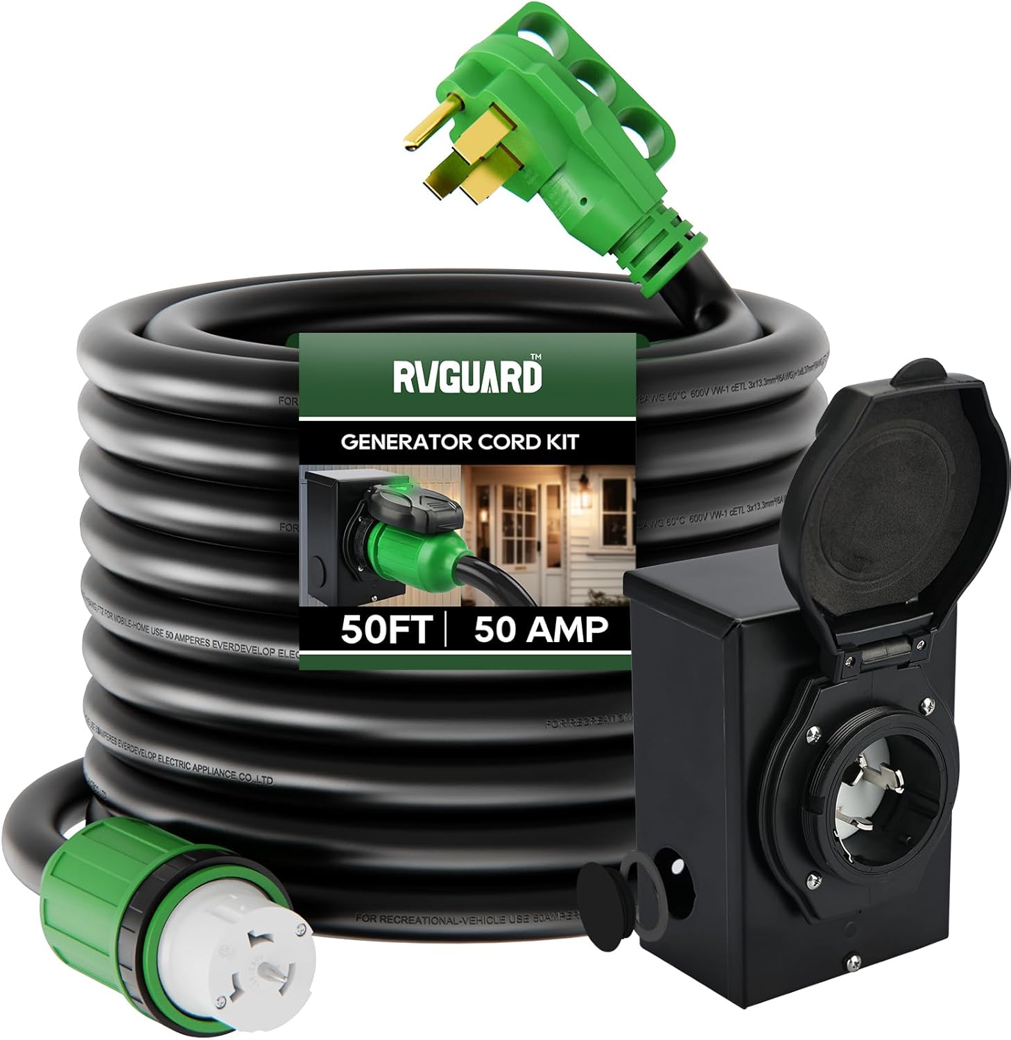 RVGUARD Emergency Power Combo Kit, 50 Foot 50 Amp Generator Cord and Power Inlet Box, NEMA 14-50P to SS2-50R Generator Cord with NEMA SS2-50P Pre-Drilled Generator Inlet Box, ETL Listed
