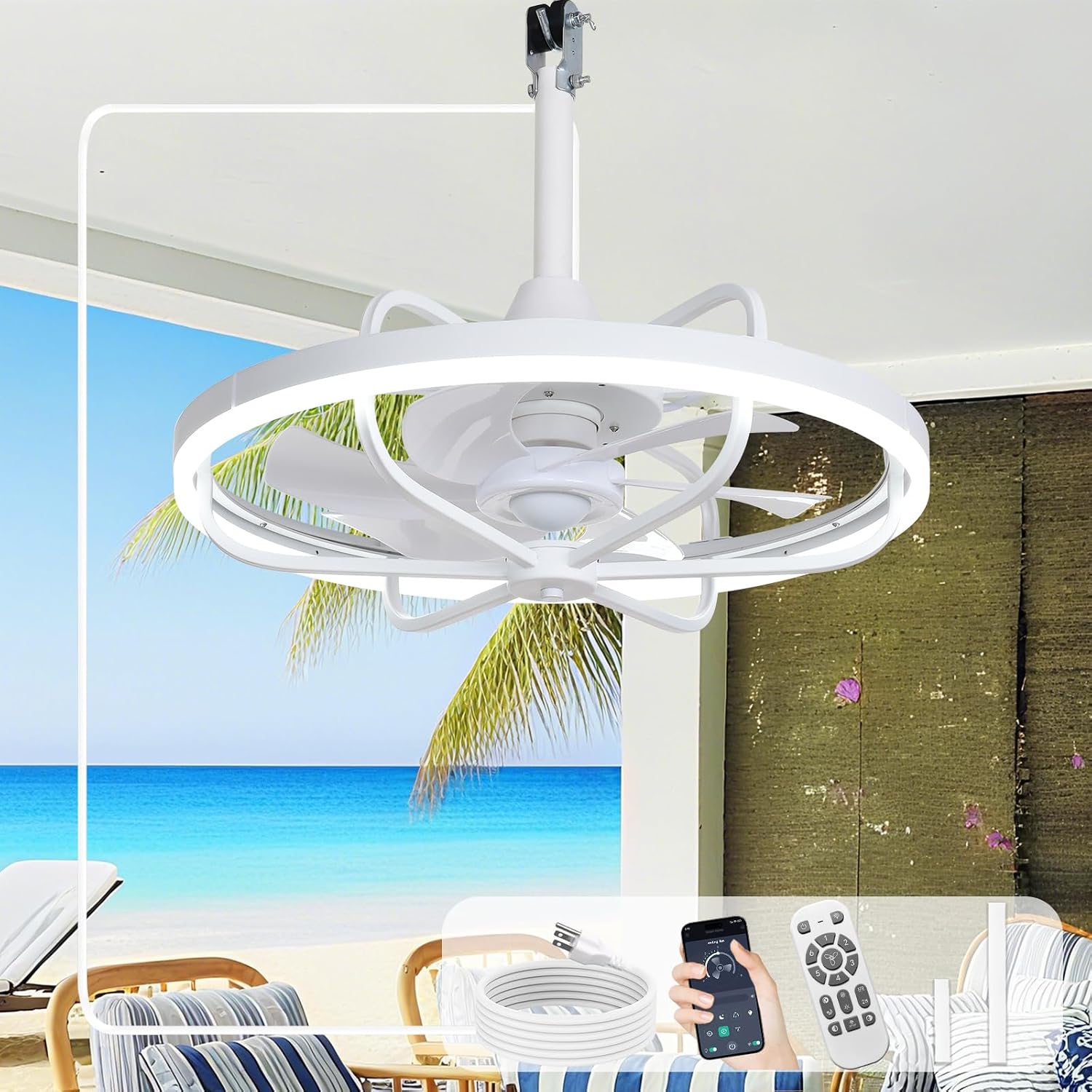 Depuley 20' Outdoor Ceiling Fan with Lights, White Waterproof Gazebo Hanging Fan with Remote App Control, Dimmable Plug in Caged outdoor Ceiling Fans for patios Porch 6-Speeds