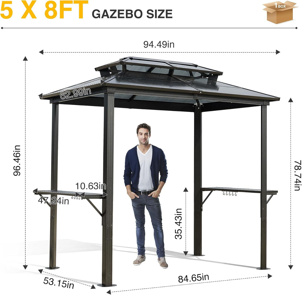 8x8FT Outdoor Grill Gazebo with UV-Resistant Polycarbonate Hardtop Roof - Weather-Resistant Aluminum Frame, Built-in Storage Hooks - Perfect for Patio, Lawn, Garden BBQ & Dining