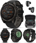 Garmin Fenix 8 47 mm, Multisport GPS Smartwatch, Solar, Sapphire, Carbon Gray DLC Titanium with Black/Pebble Gray Silicone, Built-in LED Flashlight, Voice Control Black Earbuds Bundle