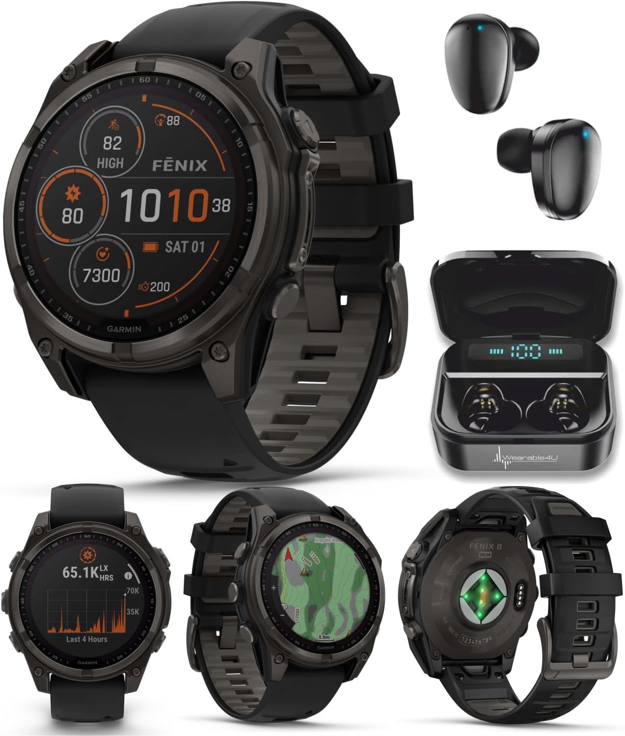Garmin Fenix 8 47 mm, Multisport GPS Smartwatch, Solar, Sapphire, Carbon Gray DLC Titanium with Black/Pebble Gray Silicone, Built-in LED Flashlight, Voice Control Black Earbuds Bundle