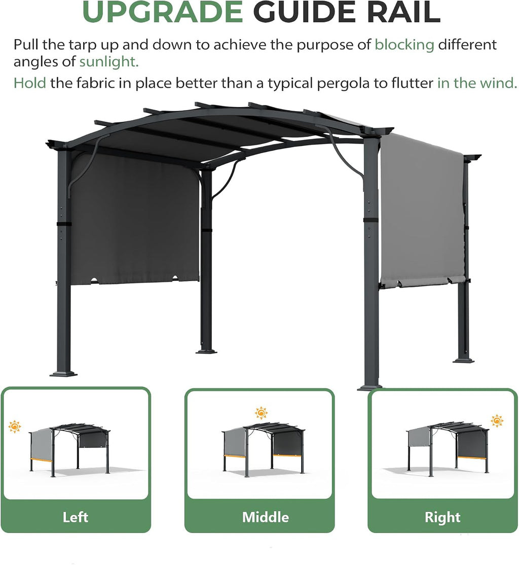 10' x10' Arched Outdoor Pergola for Deck, Outdoor Retractable Pergola with Canopy and Hardware, Small Aluminum Frame with Canopy Fixed in Various Positions (Grey)