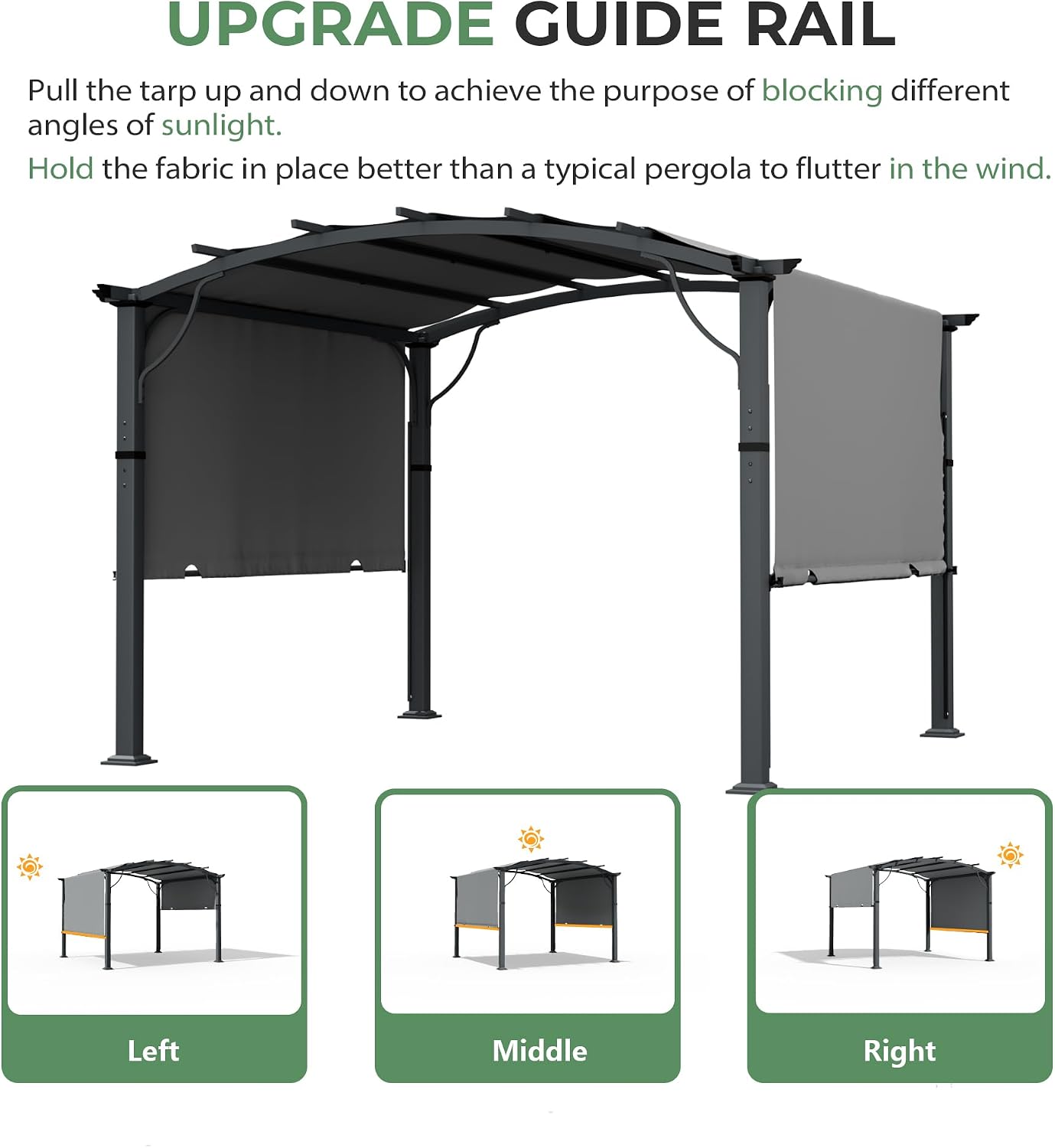 10' x10' Arched Outdoor Pergola for Deck, Outdoor Retractable Pergola with Canopy and Hardware, Small Aluminum Frame with Canopy Fixed in Various Positions (Grey)
