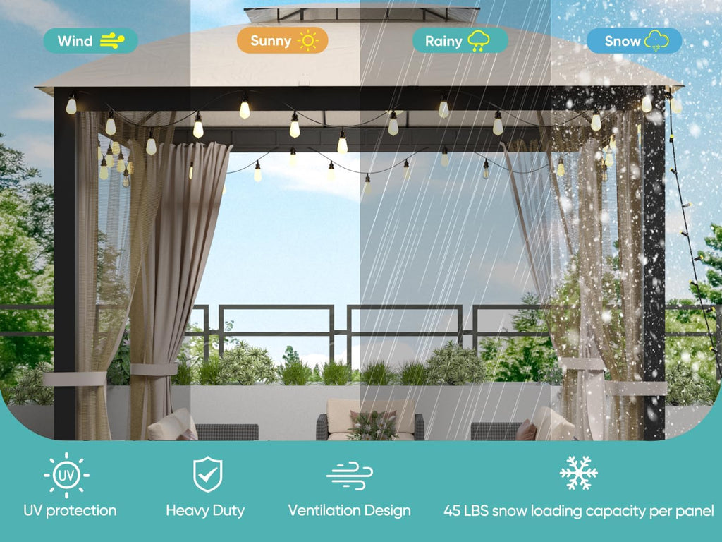 Sannwsg Outdoor Patio Gazebo 10x10 FT, Soft Top Gazebo Canopy with Double Roof, Square Metal Frame, Mosquito Netting & Privacy Curtains, for Backyard & Deck, Beige Netting