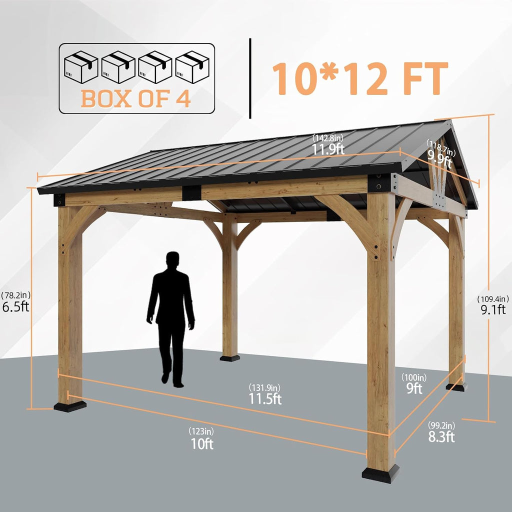 10x12 ft Cedar Wood Gazebo, Hardtop Gazebo with Galvanized Steel Peak Roof, Outdoor Pavilion for Snow Support, Wind Resistance, UV Protection, Shade for Garden, Patio, Deck