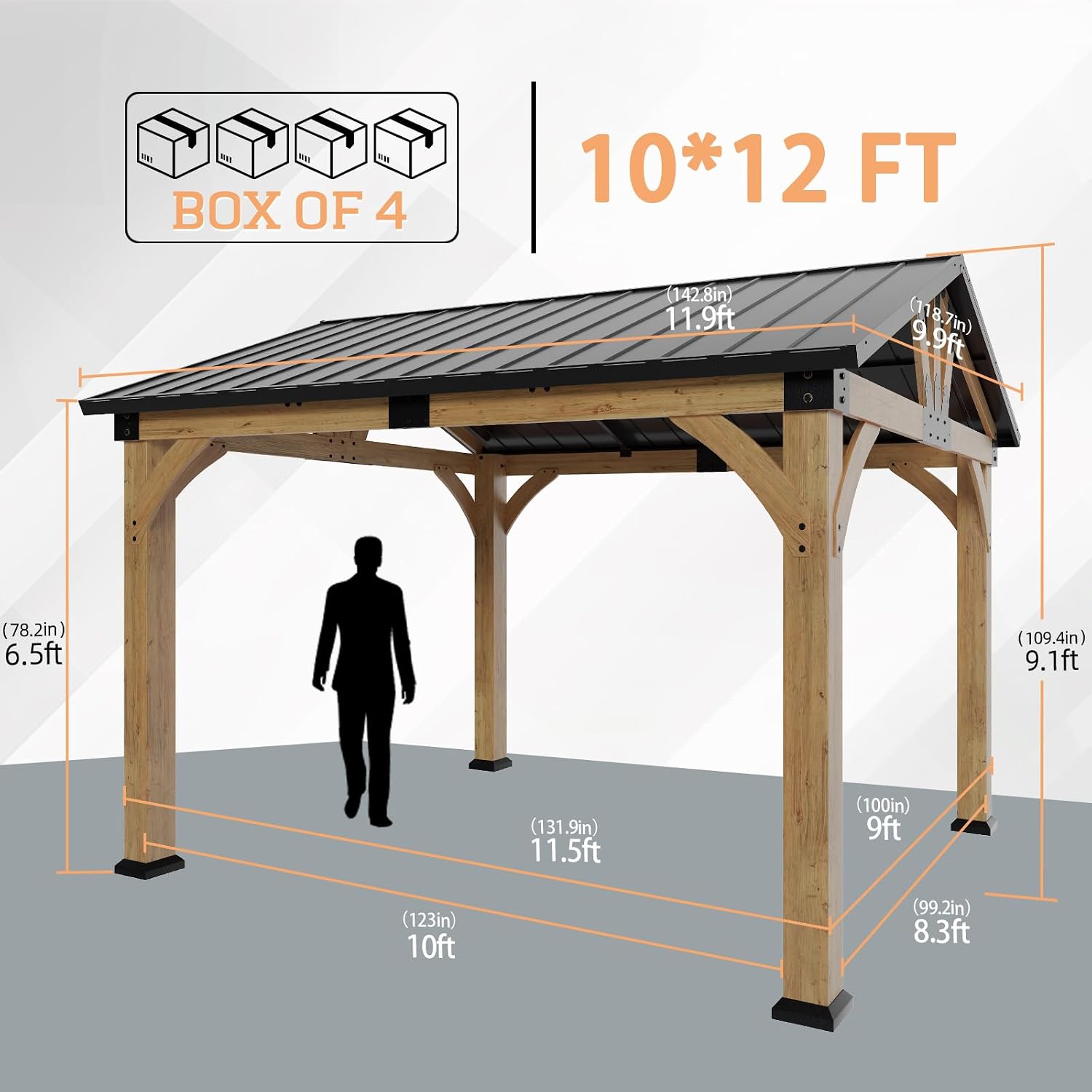 10x12 ft Cedar Wood Gazebo, Hardtop Gazebo with Galvanized Steel Peak Roof, Outdoor Pavilion for Snow Support, Wind Resistance, UV Protection, Shade for Garden, Patio, Deck