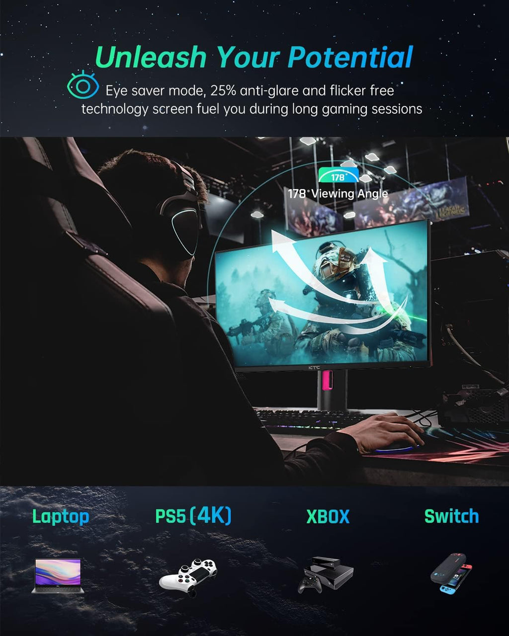 KTC 27' 1440p 170Hz Gaming Monitor, 2K QHD 1ms GTG Fast IPS, HDR, HDMI/USB C/DP, FreeSync & G-Sync, Swivel Tilt Height Pivot Adjustable, H27T22