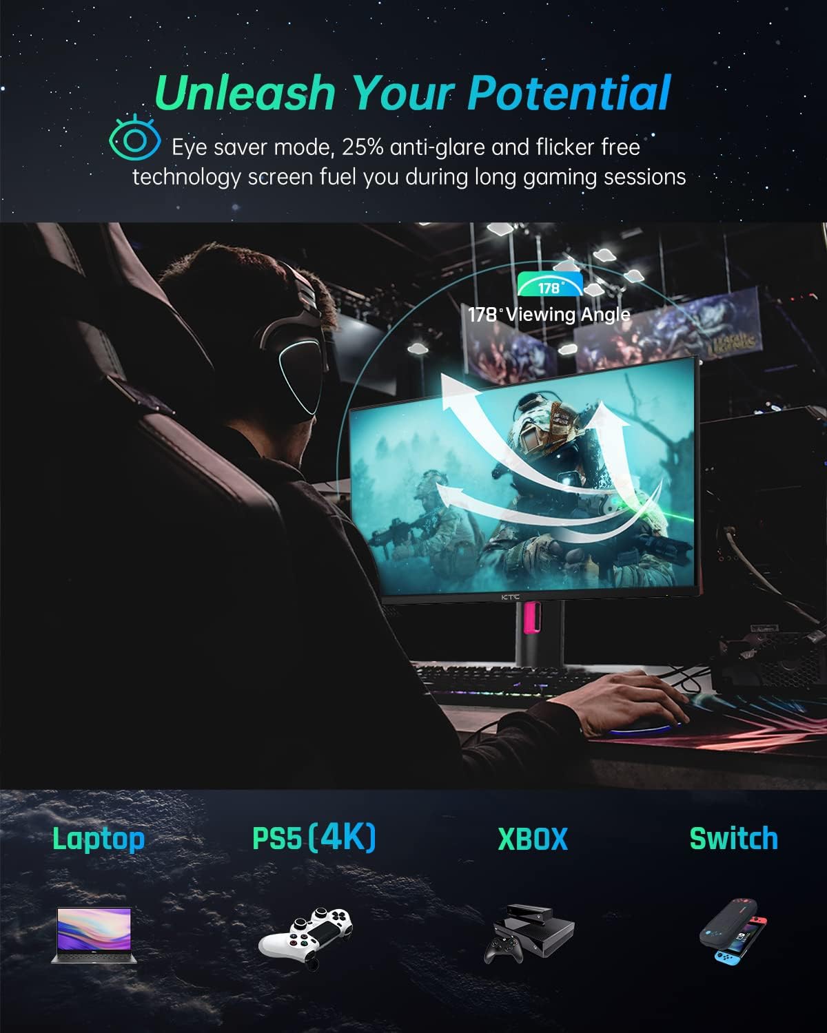 KTC 27' 1440p 170Hz Gaming Monitor, 2K QHD 1ms GTG Fast IPS, HDR, HDMI/USB C/DP, FreeSync & G-Sync, Swivel Tilt Height Pivot Adjustable, H27T22