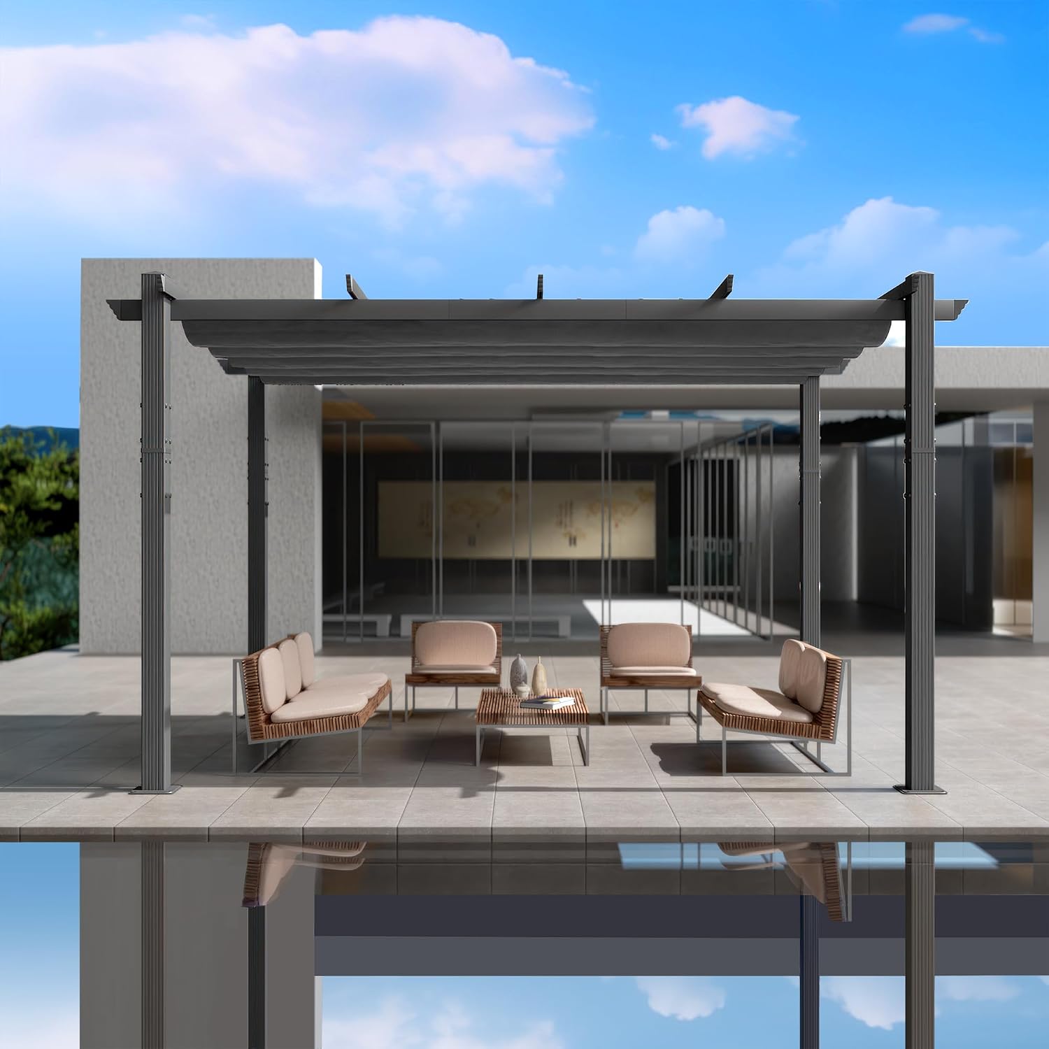 Kozyard Morgan Outdoor Retractable Pergola with Sun Shade Canopy Patio Aluminum Pergola Shelter for Backyard Deck Garden Modern Metal Grill Gazebo (10' x 13', Gray)