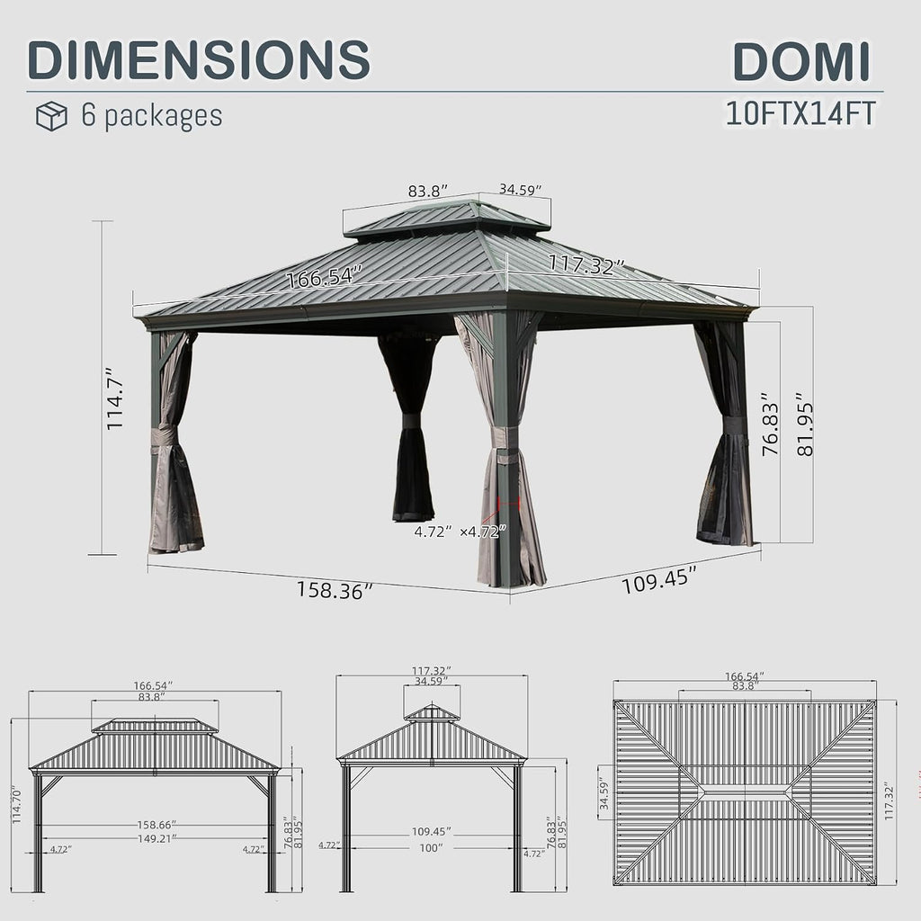 Domi 10' X 14' Hardtop Gazebo Metal Gazebo Canopy with Galvanized Steel Double Roof, Aluminum Frame, Curtains and Netting for Patio, Deck, Garden, Outdoor Shelter, Grey
