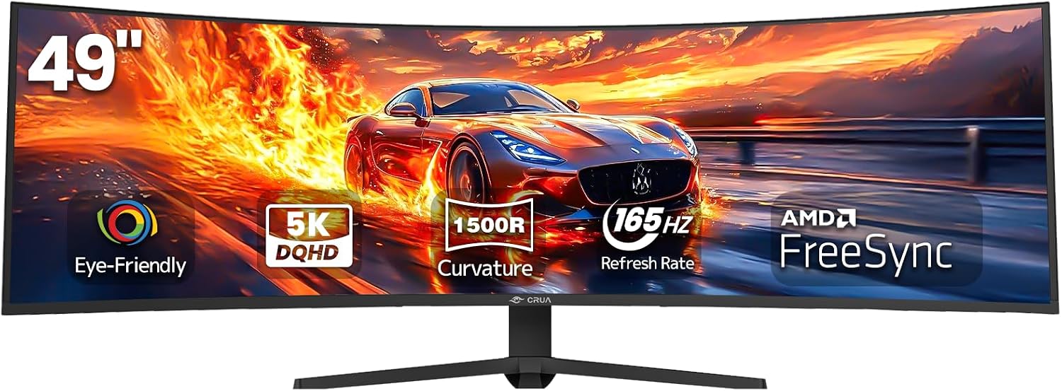 CRUA 49' Curved Gaming Monitor | DQHD(5120 * 1440), 144Hz/165Hz, 1500R, 32:9, AMD FreeSync, 120% sRGB, Height Adjustable Ultra-Wide Screen Monitors, HDMI 2.1 & DP 1.4, Wall Mount Install- Black