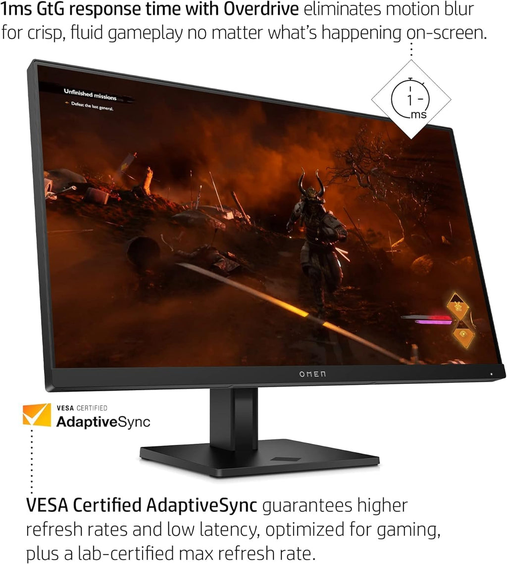 HP OMEN 24 Inch Monitor Gaming 1080p FHD 165Hz 1ms AMD FreeSync Premium Height Adjustable Anti-Glare Pivot Rotation Eyesafe Certified for PC Desktop Laptop Computer PS4 PS5 Xbox Gamer, Black (Renewed)