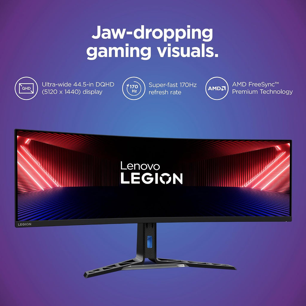Lenovo Legion R45w-30 Gaming Monitor, 44.5' 32:9 Curved, DualQHD Resolution, 170Hz Refresh, 1ms MPRT, AMD FreeSync Premium Pro, HDR400, KVM, USB-C, RJ45, Lift/Tilt/Swivel Stand, 450 nits, Black